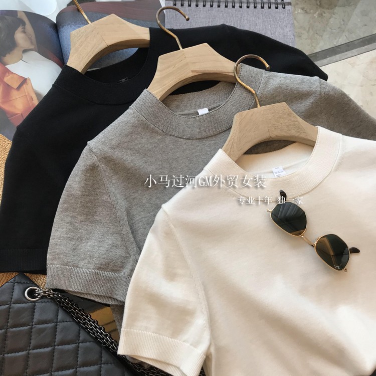 G recommend price! high quality item ~ very simple wind ultra-fine cotton small crew neck knitted short sleeve T-shirt women's spring and summer