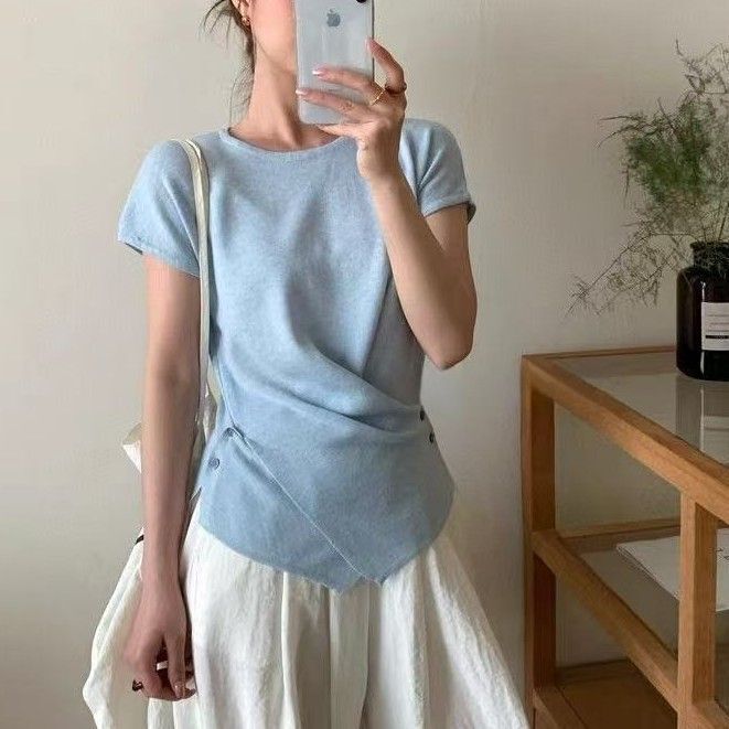 Irregular Round Neck Short-Sleeved Knitwear 2026 Summer New Style Fashionable Design Short T-Shirt Top Ins Style