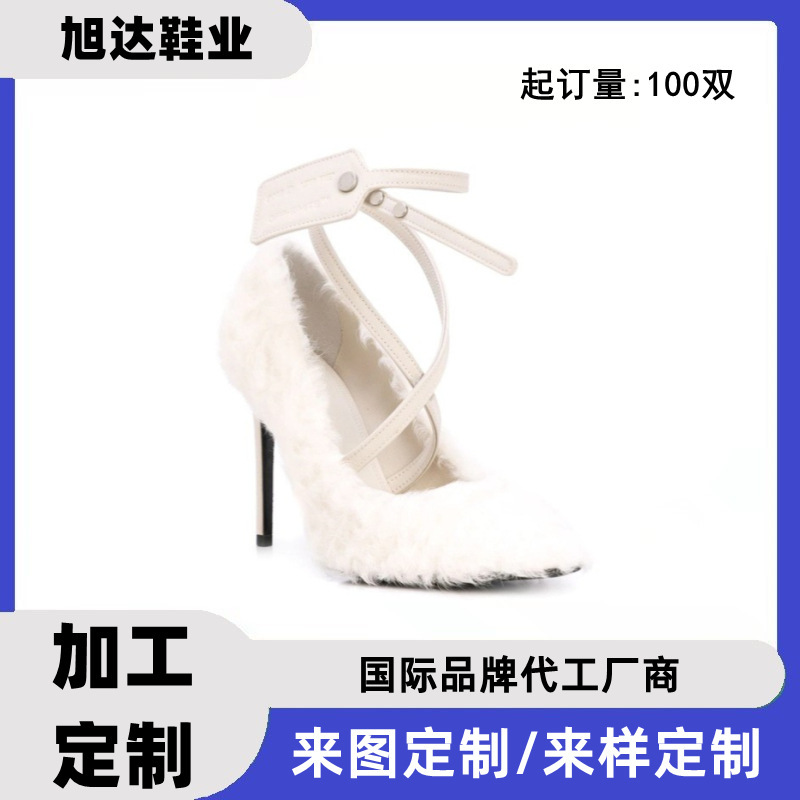 Dongguan Shoe Factory Leather Cashmere Textured High-heeled Shoes Wrap Ankle Strap Design Sexy Fashion High-heeled Shoes Processing Customization