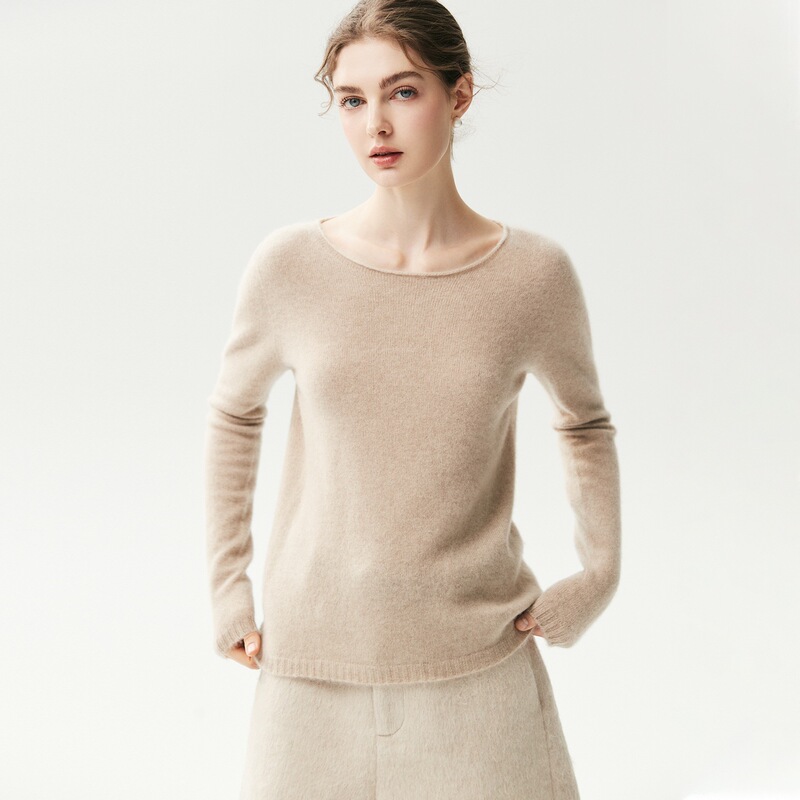 New autumn and winter minimalist style, rolled-hem round-neck 100% cashmere sweater for women, long-sleeved, loose-fitting, versatile knit base layer New autumn and winter minimalist style, rolled-hem round-neck 100% cashmere sweater for women, long-sleeved, loose-fitting, versatile knit base layer