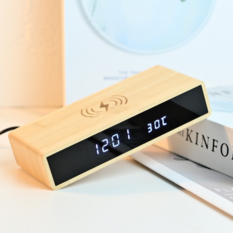 国境を越えた携帯電話ワイヤレス充電木製時計LEDディスプレイデジタル時計竹製電子時計ベッドサイド多機能時計|undefined