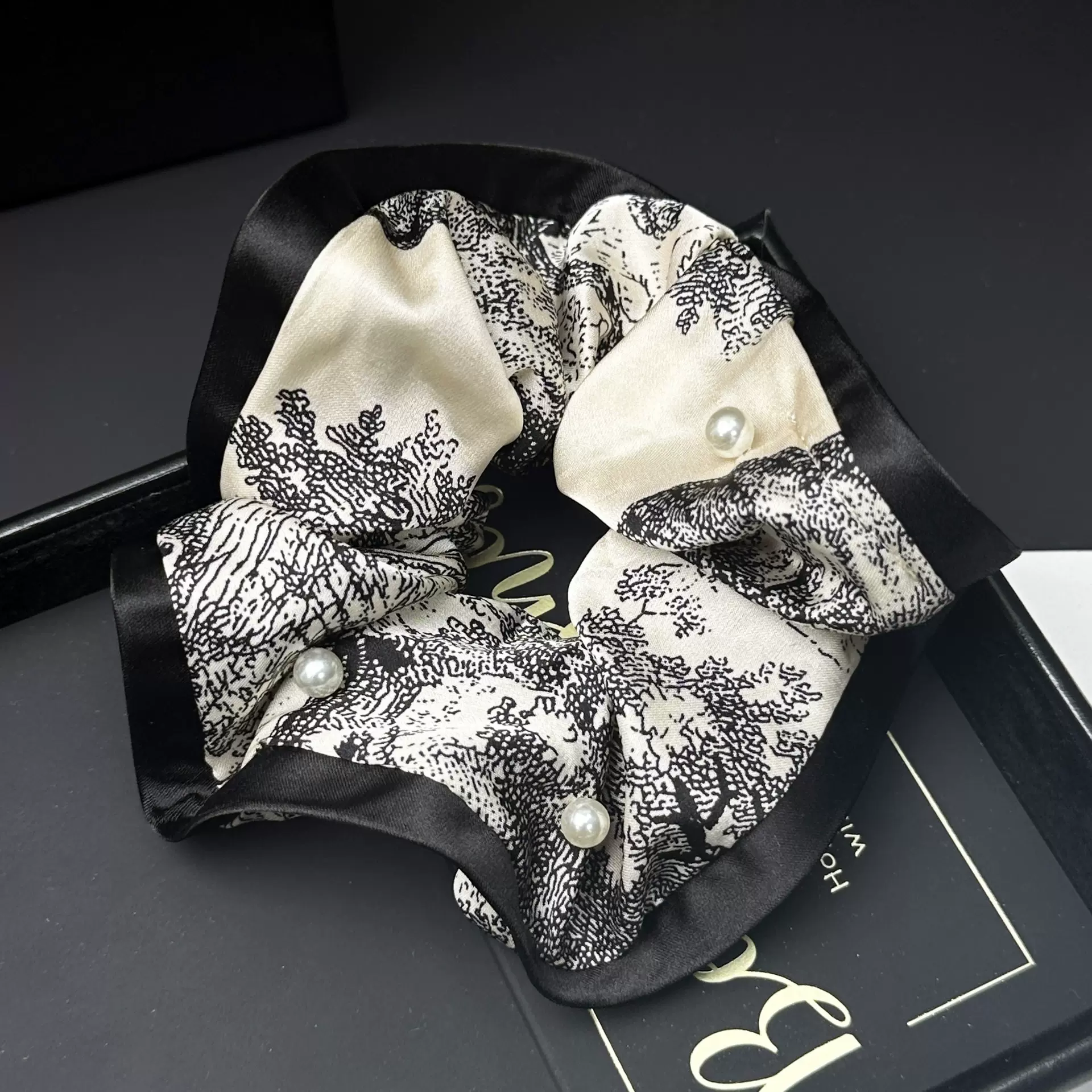 新中式水墨花纹缎面大肠发圈时尚女绑发头绳扎马尾皮筋头饰发绳头