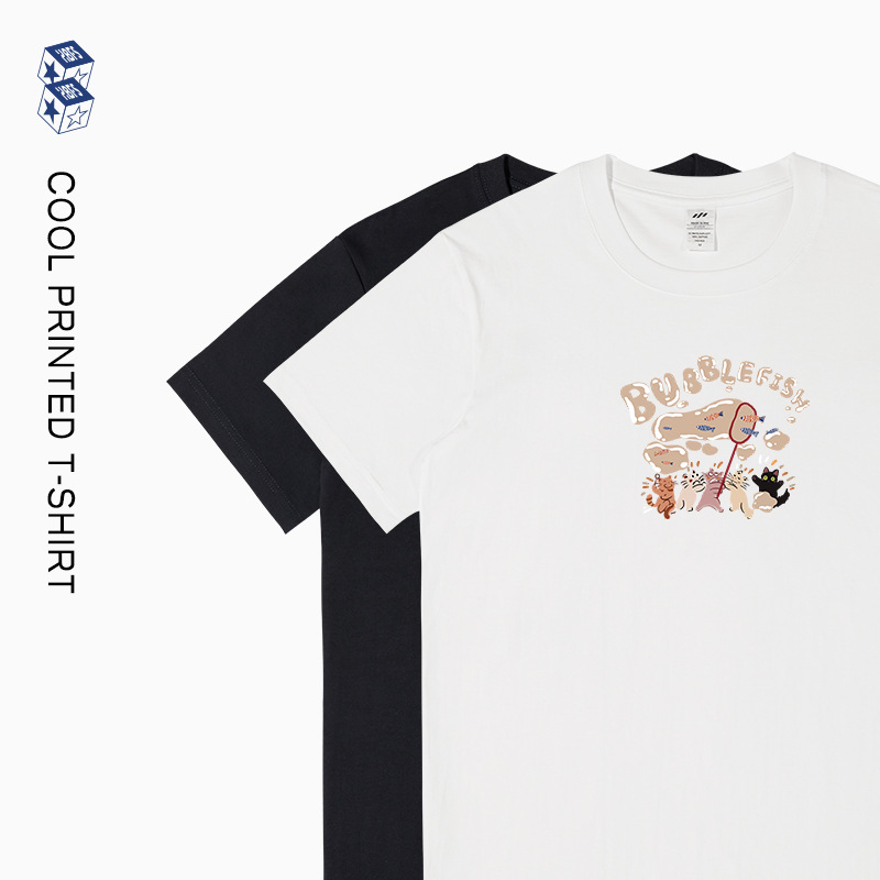 Camiseta de manga corta con estampado de burbujas de dibujos animados de estilo japonés para hombre, corte holgado, algodón puro, camiseta blanca para mujer, informal y versátil para verano. image 3