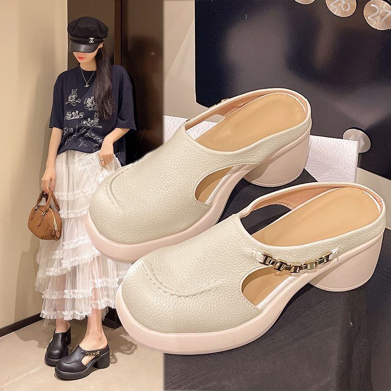 Thick-Soled Soft Leather Toe-Cap Half Slippers for Women to Wear in Summer, Round-Toe Slip-On Mules, High-Heeled Sandals and Slippers