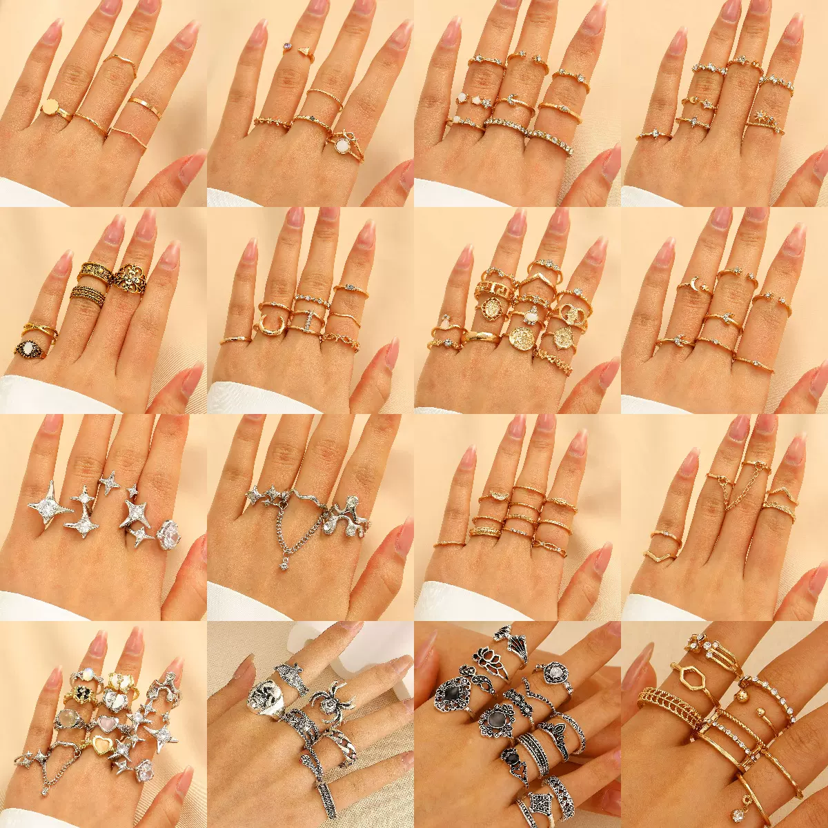 欧美跨境新款套装戒指女星芒月亮食指戒子 创意复古简约合金指环