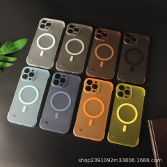 高級無枠半透超薄適用iPhone16携帯ケース磁気吸引充電肌感アップル15ハードPCセット