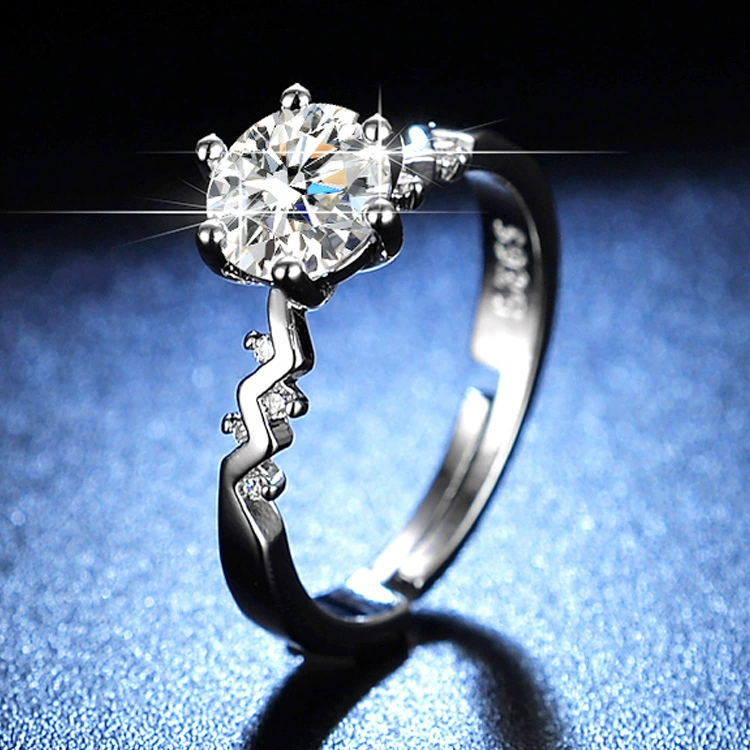 Ring one carat, adjustable open band with AAA zirconia, silver-layer plating