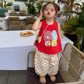 女童套装2026夏季新款儿童甜美可爱贴布背心上衣宝宝波点防蚊裤潮