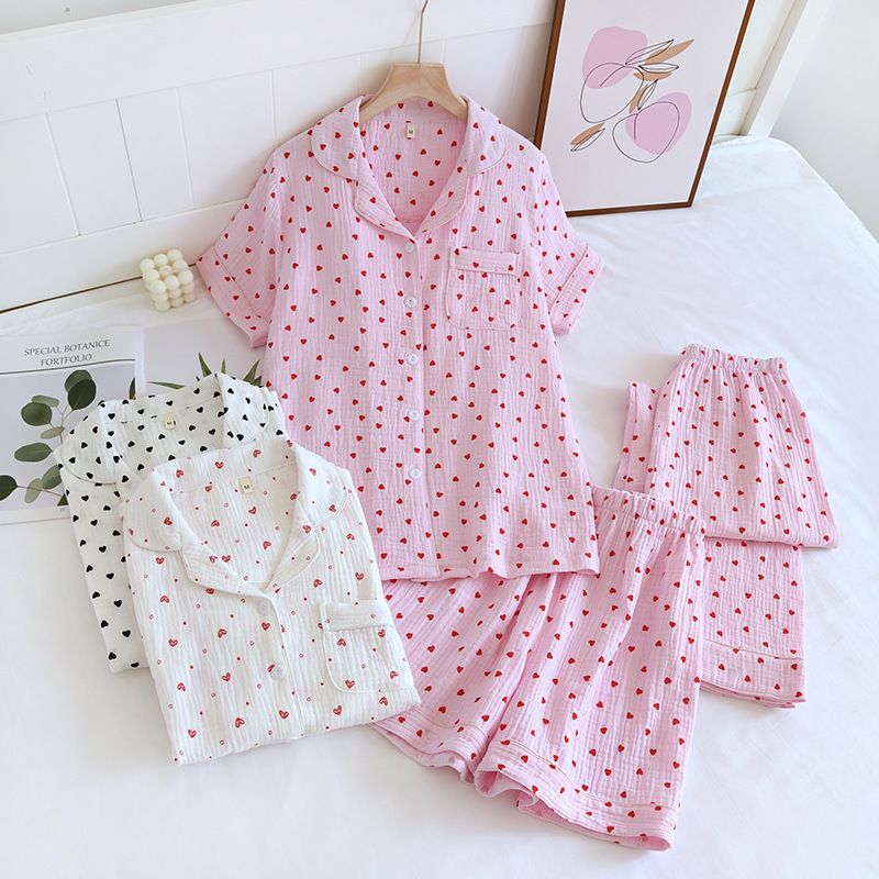 Colorful Small Heart Short-Sleeved Shorts and Long Pants Pajama Set for Women, Pure Cotton Gauze Three-Piece Set, Summer Home Wear and Outerwear Colorful Small Heart Short-Sleeved Shorts and Long Pants Pajama Set for Women, Pure Cotton Gauze Three-Piece Set, Summer Home Wear and Outerwear