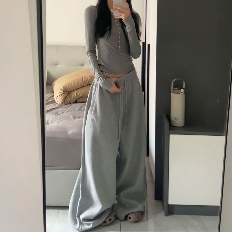 2025春秋ins复古美式慵懒风刺绣宽松螺纹拼接阔腿休闲跳舞卫裤潮|undefined