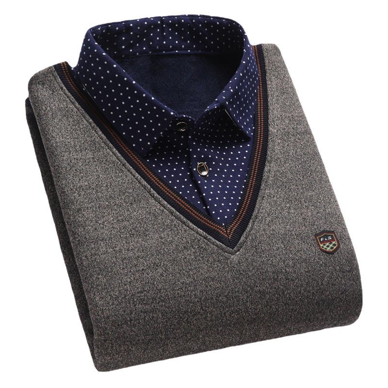 [Forrado de vellón engrosado] suéter de cuello de camisa de dos piezas falso de los nuevos hombres de mediana edad y ancianos suéter de fondo desgaste interior