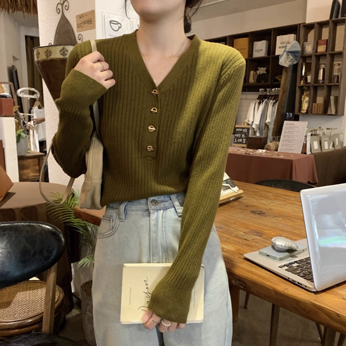 秋冬vネックの肩の長袖のニットセーターを卸売りします。|undefined