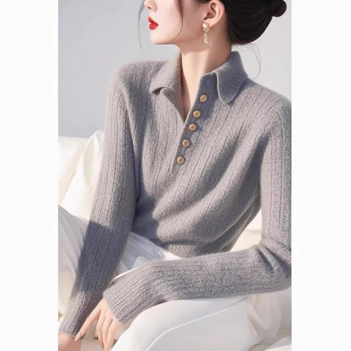Áo len cổ lọ nữ dệt kim phong cách Hàn Quốc, kiểu dáng thời trang cao cấp — màu xám chi tiết 3