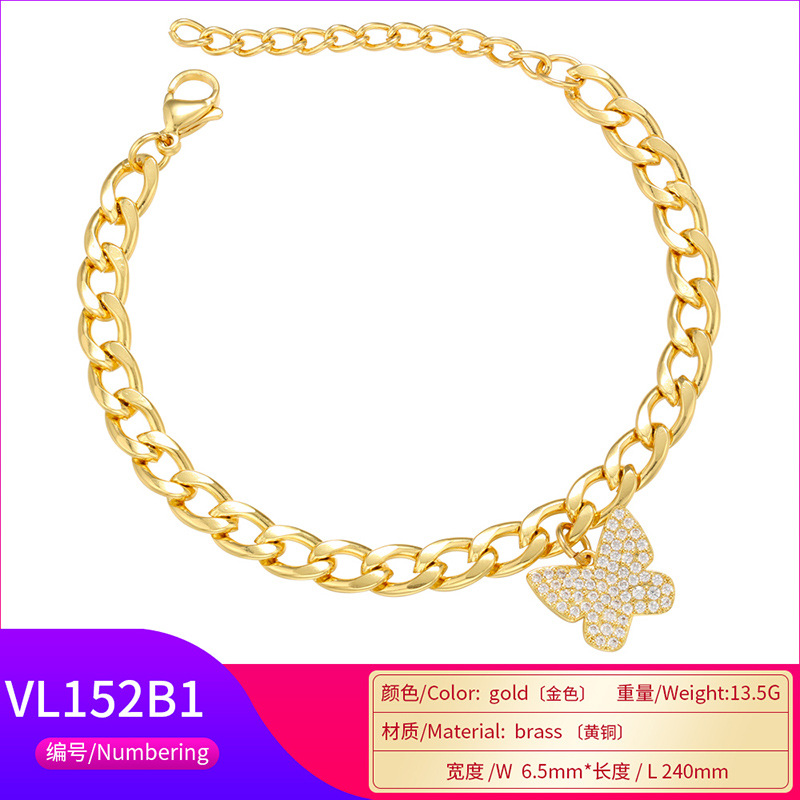 fashion bead buckle micro-set zircon butterfly key lock pendant copper bracelet