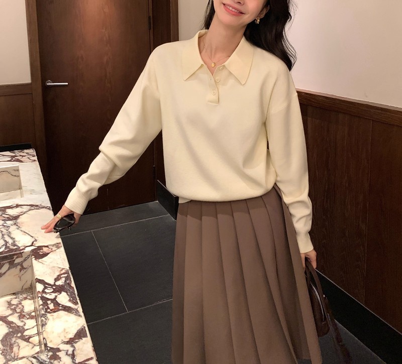pusunede 慵懒基因 polo领套头毛衣女春秋宽松慵懒长袖针织衫上衣|undefined