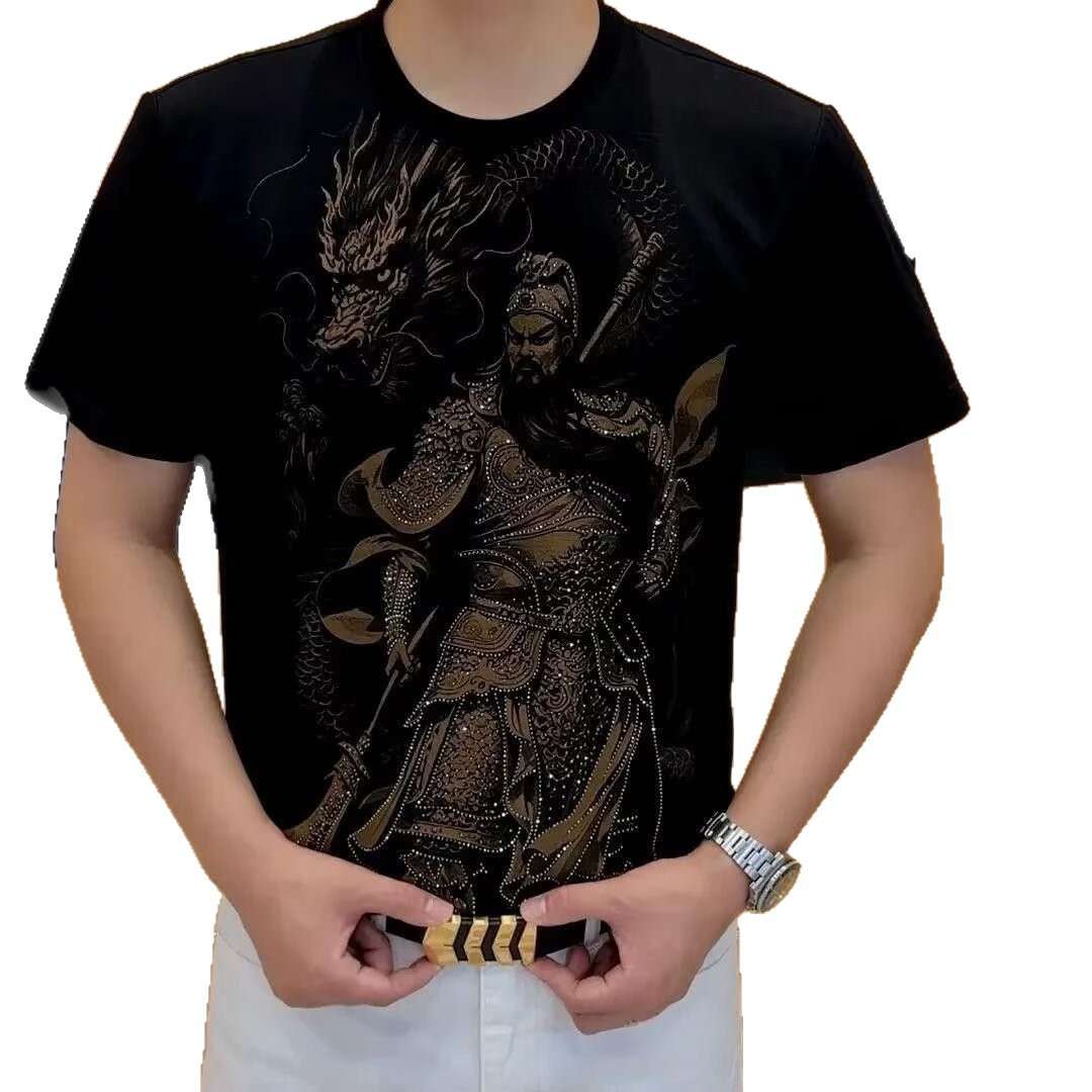 2026 verano nuevo hombre social hegemónico Guan Yu caliente taladro camiseta de manga corta hombre dragón volador en el cielo delgado tendencia de estilo libre