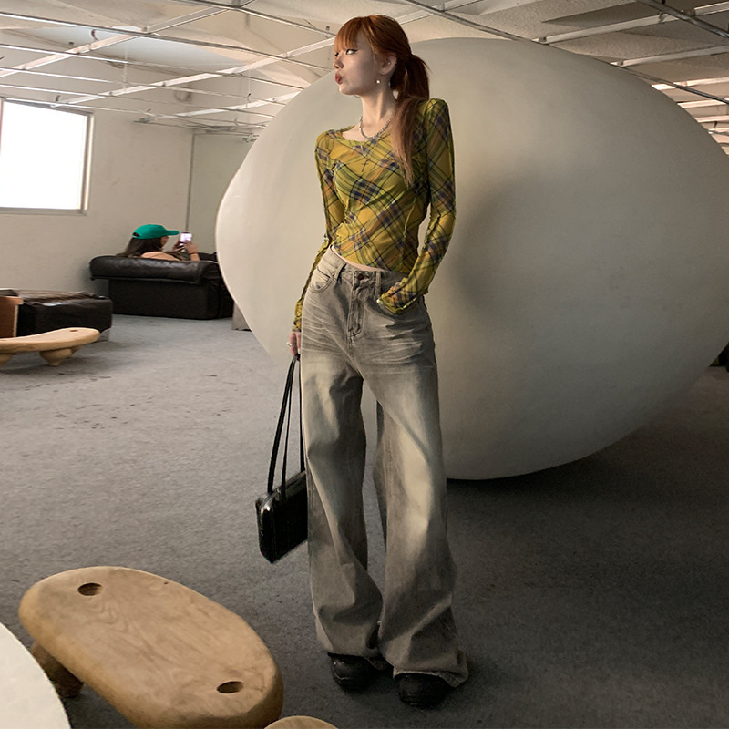 Orange Silk Women's Clothing # Mocha Gray Retro Wide Leg Jeans Women's 2025 New High Waist Straight-Leg Loose Floor-Mopping Pants