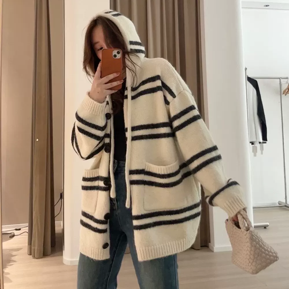 韩系秋冬新款连帽条纹针织开衫女上衣宽松慵懒风大码软糯毛衣外套