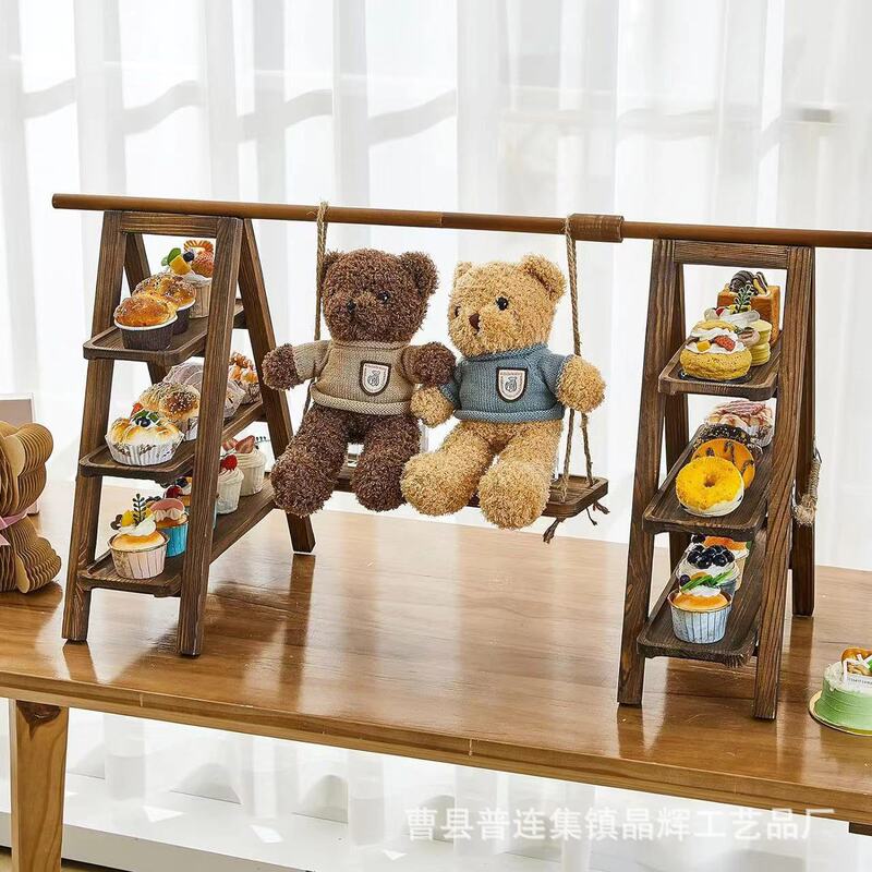 Wooden Cake Storage Rack Wooden Ladder-shaped Service Tray Household Party Snack and Fruit Organize Storage Rack