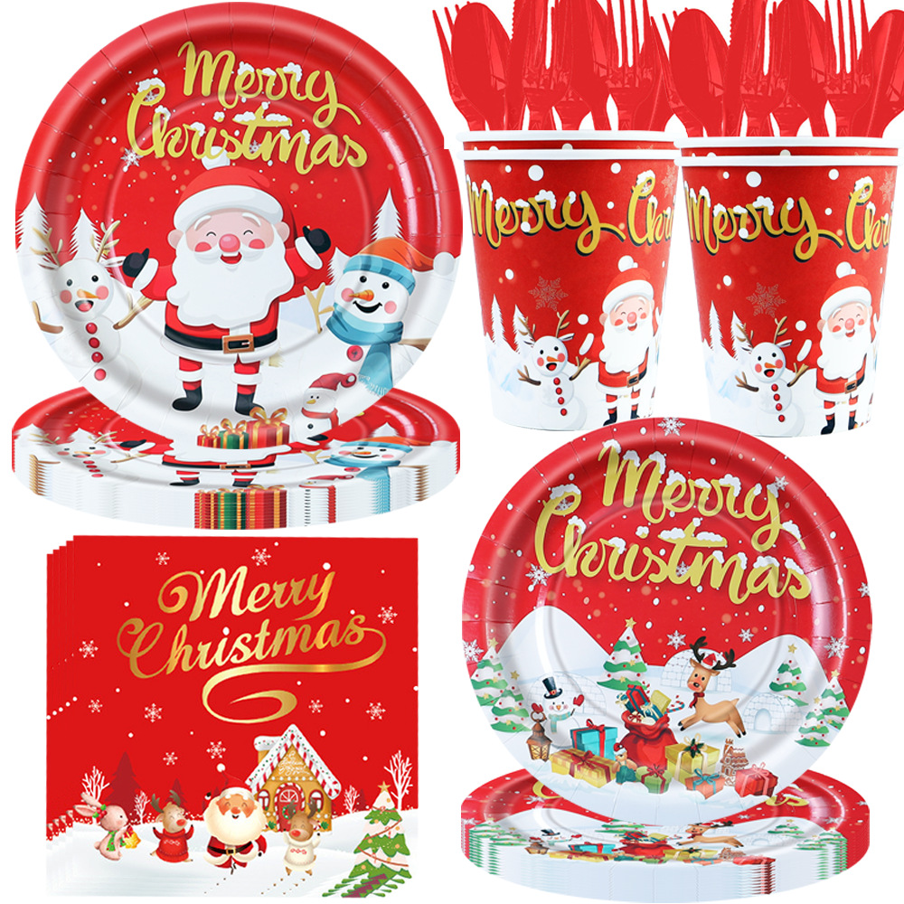 Navidad transfronteriza temática de decoración de la fiesta suministros de decoración de la bandeja de papel desechable de Navidad toallas de papel tazas y cubiertos set