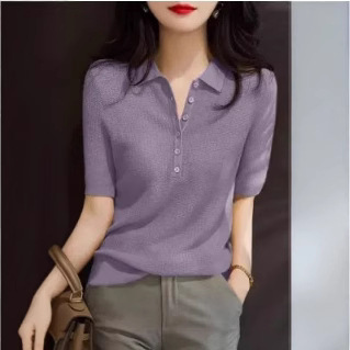 Ice Silk Short-sleeved T-shirt Women's Summer Thin 2025 New Design Sense Slim-fit Slimming Polo Collar Sweater Top