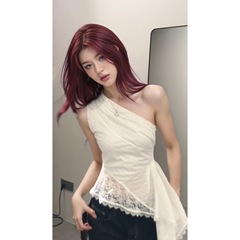 クロスボーダー貿易レース純粋な欲望斜め襟オフショルダーノースリーブベスト女性の夏の痩身トップス不規則なホットガール