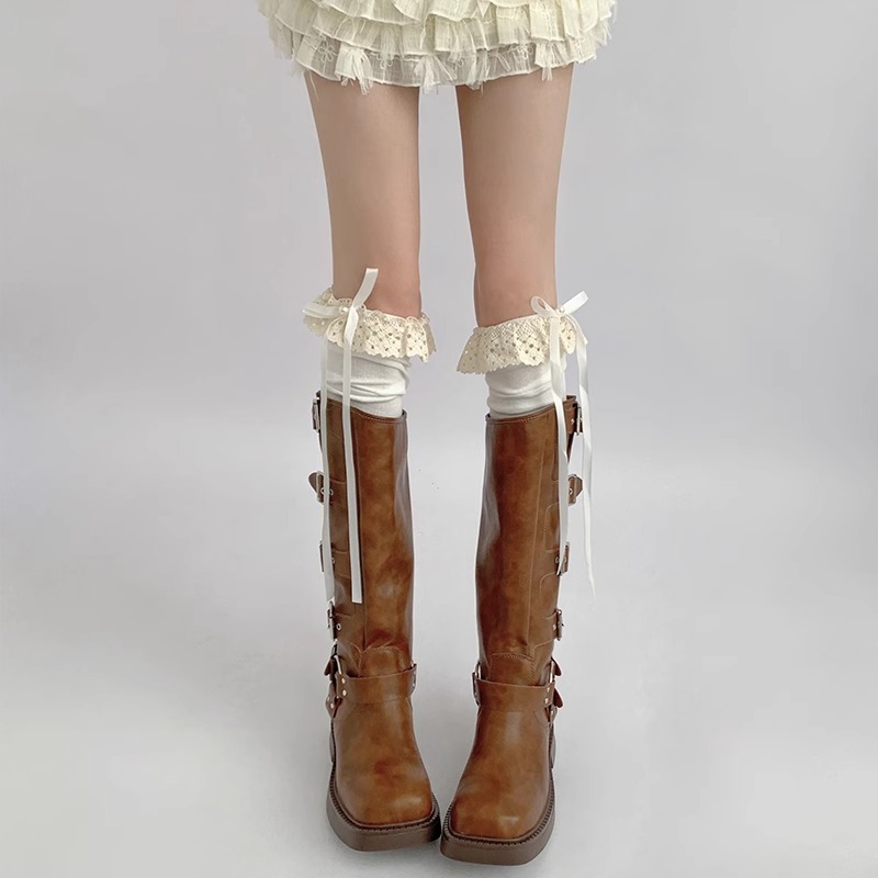 Calcetines de encaje por encima de la rodilla Calcetines de algodón Lolita pura leche blanca Medias de mujer estilo Ballet cinta costura