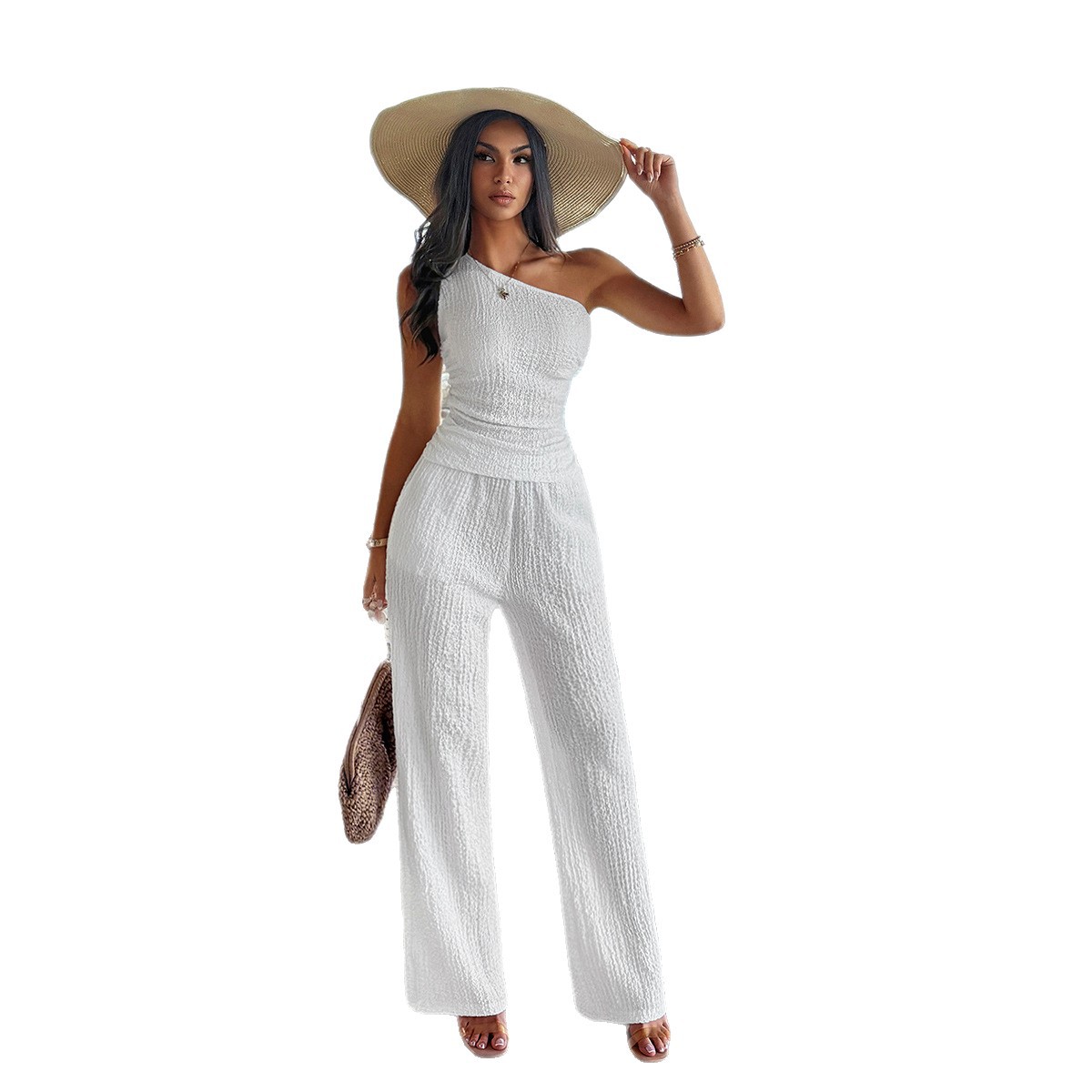 Women's One Shoulder Sleeveless Wide Leg Suit Elegant Pant Sets Spring Summer Pant Sets One-Shoulder Design_ecoleips.com