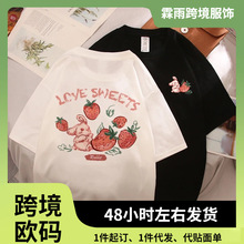 日本大学风格t恤时尚韩国高级嘻哈草莓兔卡通印花女子上衣180g