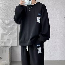 春秋季华夫格休闲运动服套装男士卫衣炸街潮牌大码直筒卫裤两件套