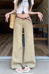 美式卡其色阔腿牛仔裤新款低腰夏季辣妹显瘦直筒宽松垂感拖地裤子