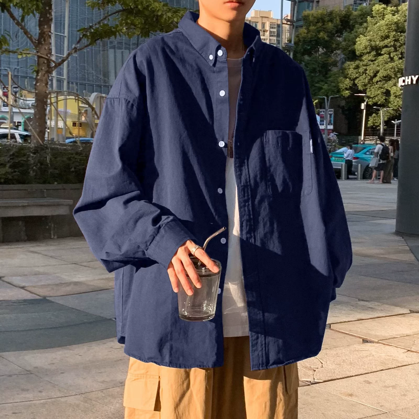 Blue Japanese Trend Spring Shirt, Loose-Fit Button-Down Top for Casual Everyday Wear, Breathable