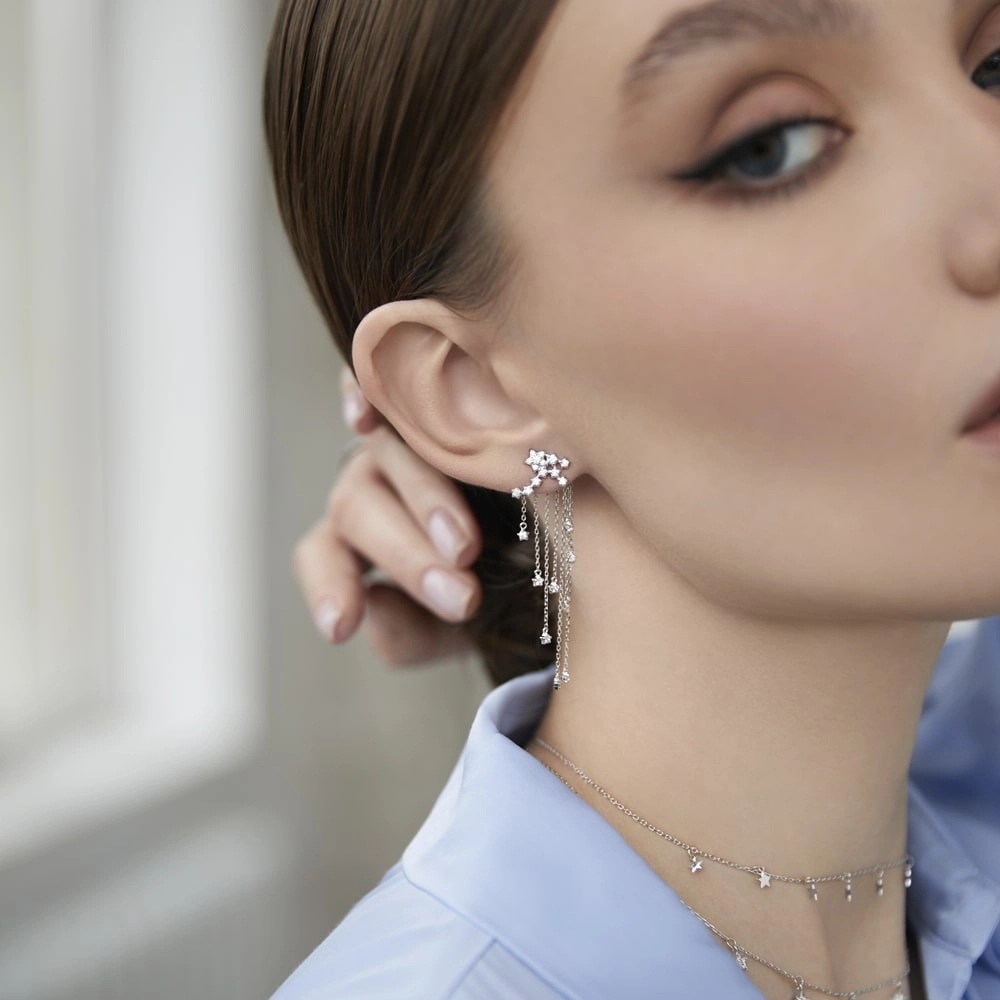 Elegant, Sweet Style 1 Pair 925 Sterling Silver Star Tassel Drop Earrings