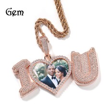 嘻哈个性照片相框吊坠百搭项链锆石I love you字母爱心 男士项链
