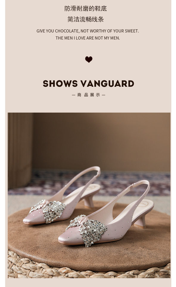 Sandal nữ bít mũi hở gót gót vuông đính đá thắt nơ, quai co giãn — Màu be, Màu hồng nhạt, màu đen chi tiết 7