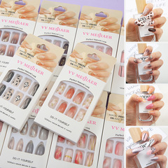 盒裝24片圓頭甲片印花穿戴美甲金箔閃粉假指甲貼片充粉穿戴甲批發