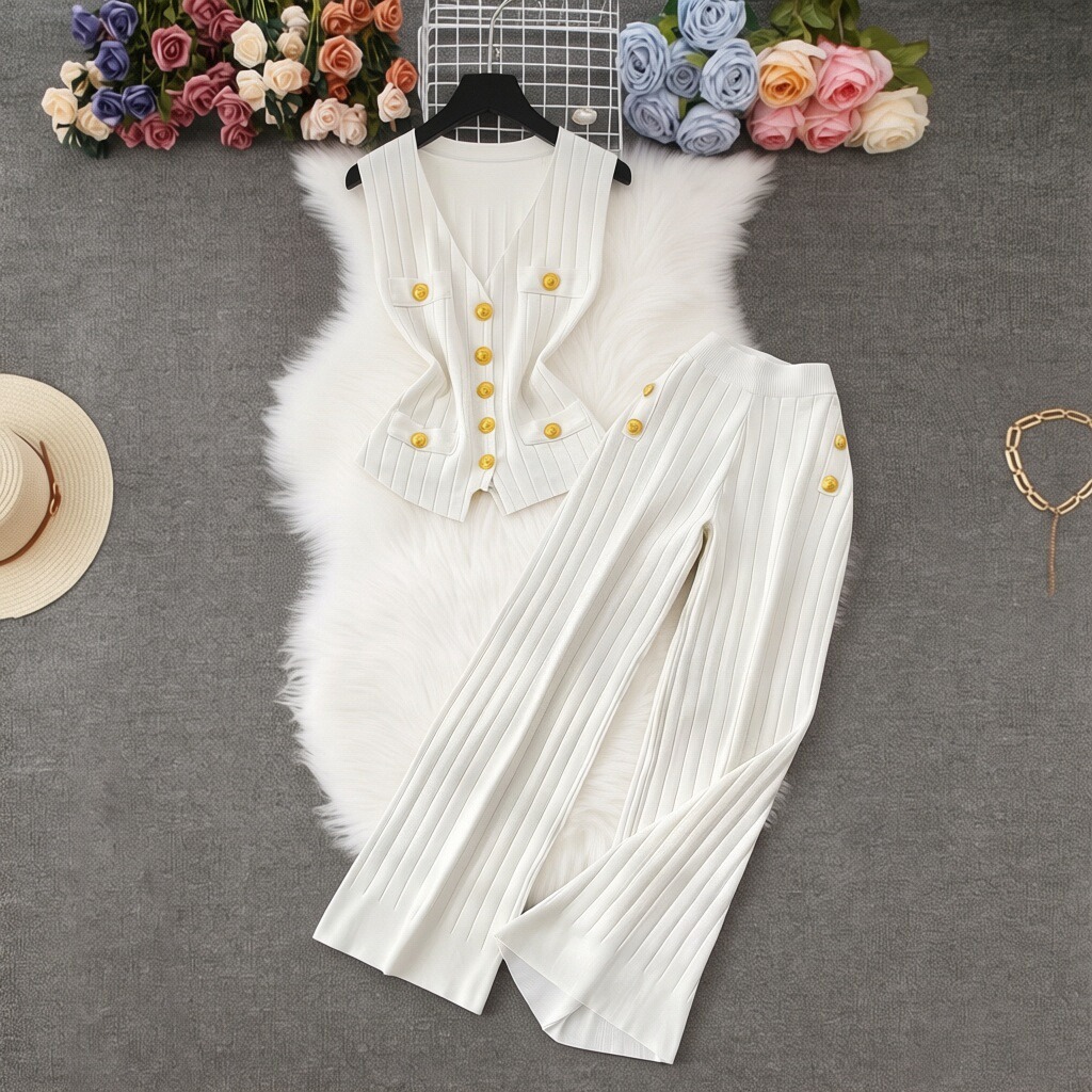 Women's Knitted Two-Piece Suit Fashionable Metal Buckle Woolen Top And Loose Wide Leg Pants High-End Pant Set_ecoleips.com