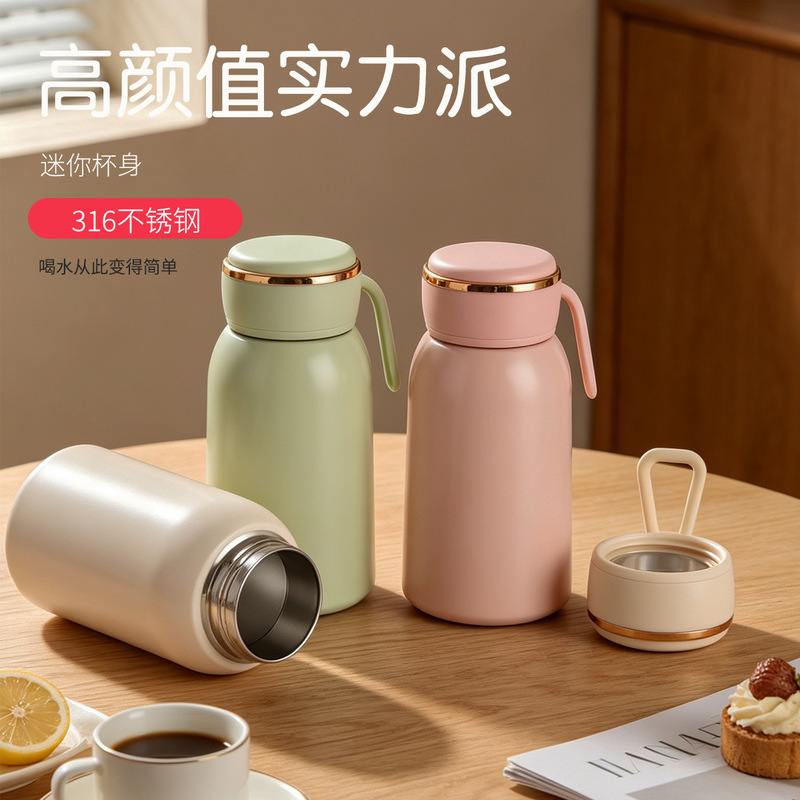 New solid color compact pocket cup, 316 stainless steel vacuum insulated cup with carrying strap, portable office cup