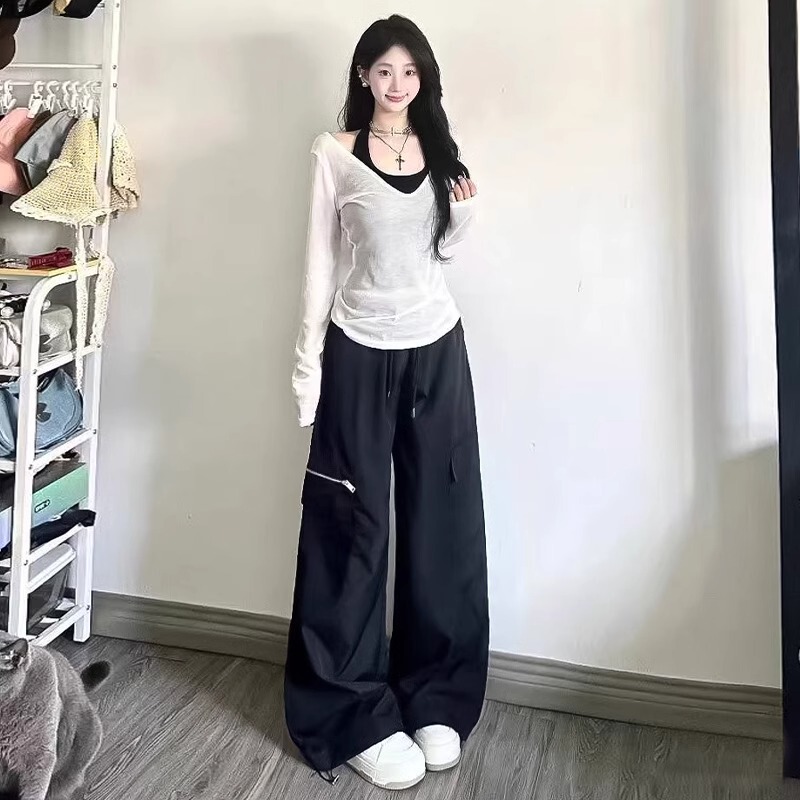 American Style Retro Straight Cargo Pants Women's 2025 Spring and Summer New High Waist Loose Slimming Wide Leg Casual Pants for Small Men
