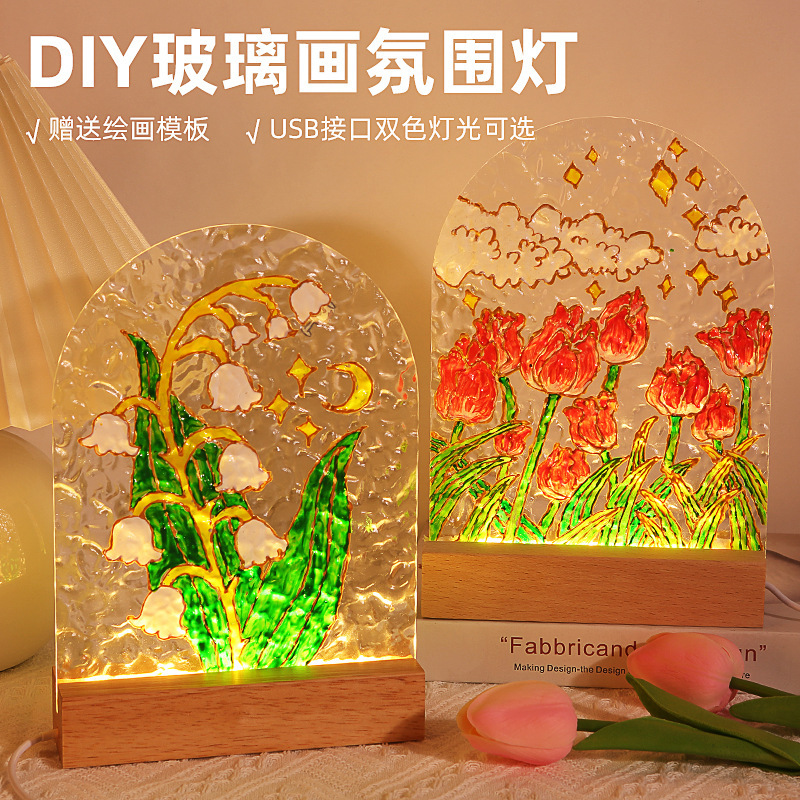 Tulip Glass Painting Night Light Handmade DIY Painting Material Package Water Ripple Acrylic Board Mother's Day Gift