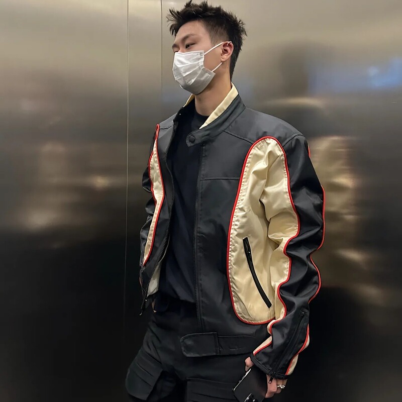 Stylish Patchwork Short Jacket for Men High Street Vibe American Retro Handsome Versatile Stand Collar Cycling Jacket Trendy Jacket