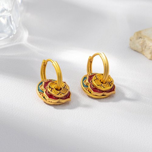 Vintage Colorful Enamel New Chinese Style Earrings with Drip Glaze Round Circle Ethnic Style Niche Luxury High-End Earrings for Wholesale