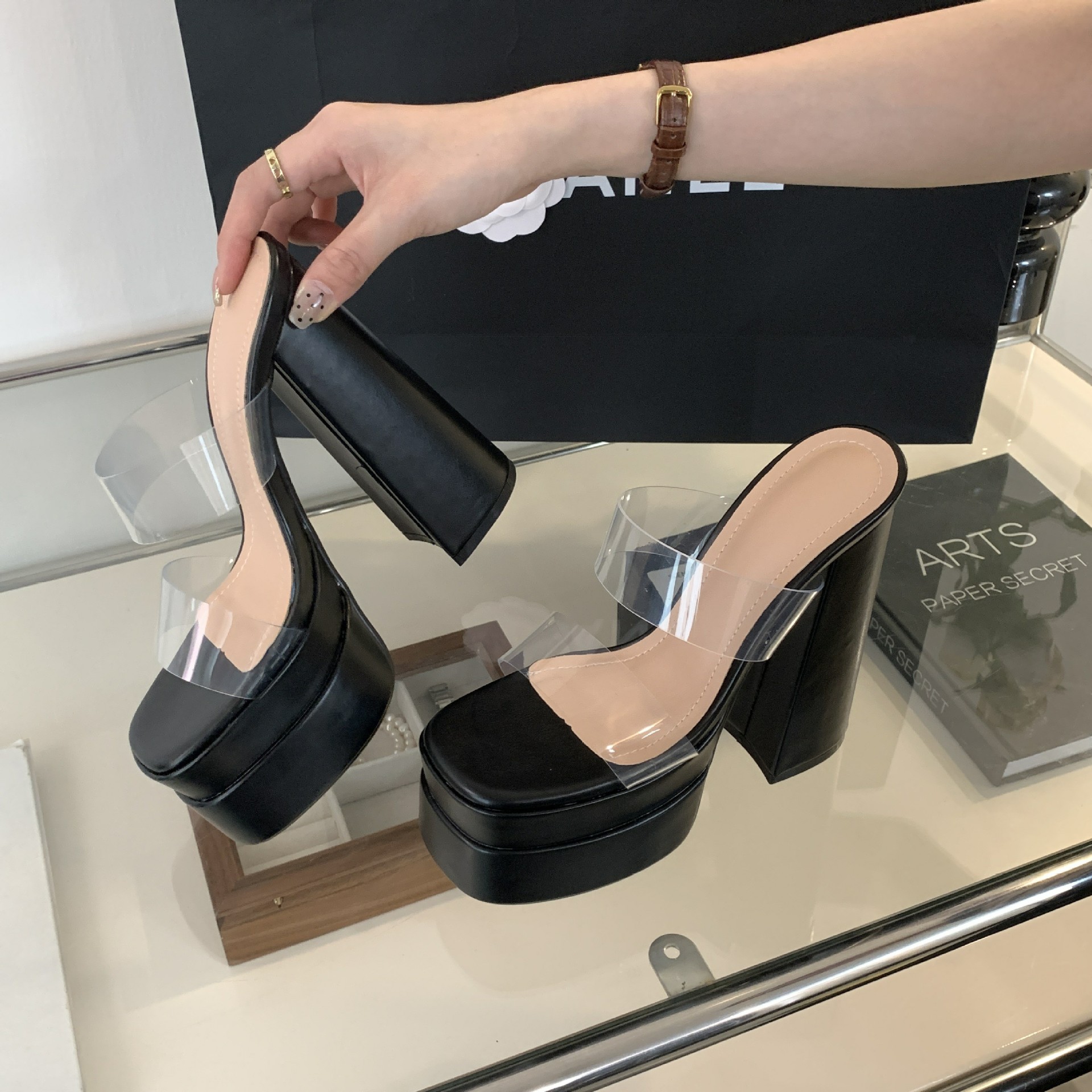Sandal cao gót nữ hở mũi đế dày trong suốt đính đá rhinestone gót 15 cm — Màu đen chi tiết 13