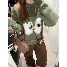 复古毛绒毛衣女2025冬季慵懒风宽松休闲圆领套头超厚针织衫上衣