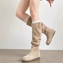复古百搭平底长筒靴女2025秋冬季新款褶皱骑士靴勃肯靴西部牛仔靴
