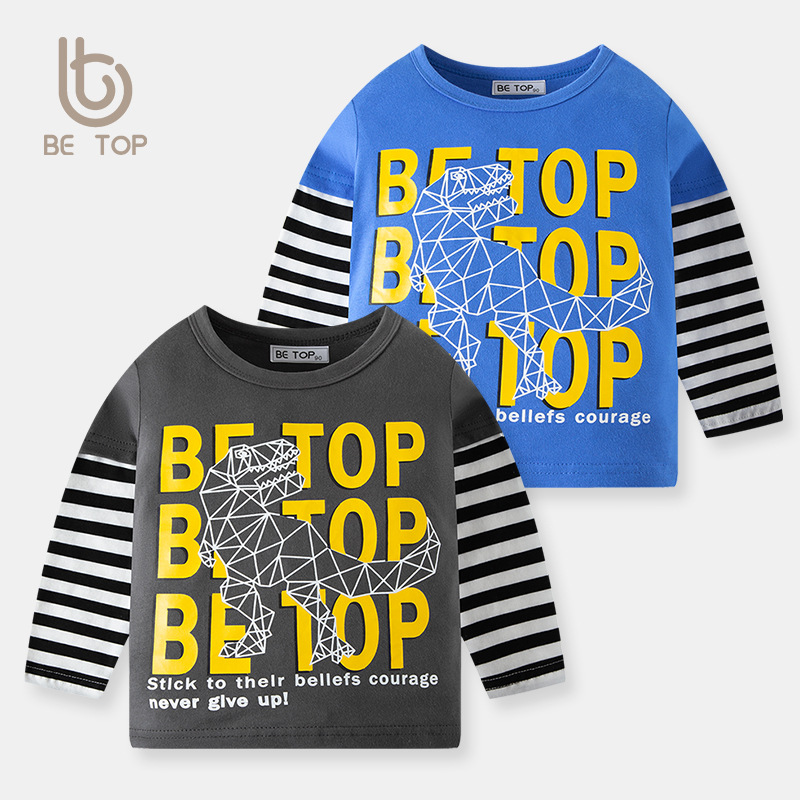 Nuevas letras de otoño dinosaurio color a juego de algodón puro cuello redondo Camiseta de manga larga para niños camisa de fondo de una sola pieza de moda
