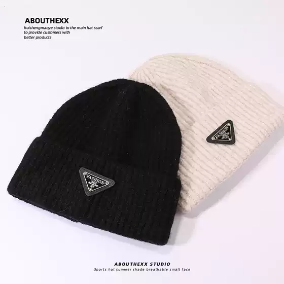 European and American Fashion Wool Hat Women's Triangle Label Warm Knitted Hat Couple's Pullover Cap Cold-proof Hat Men's Autumn and Winter