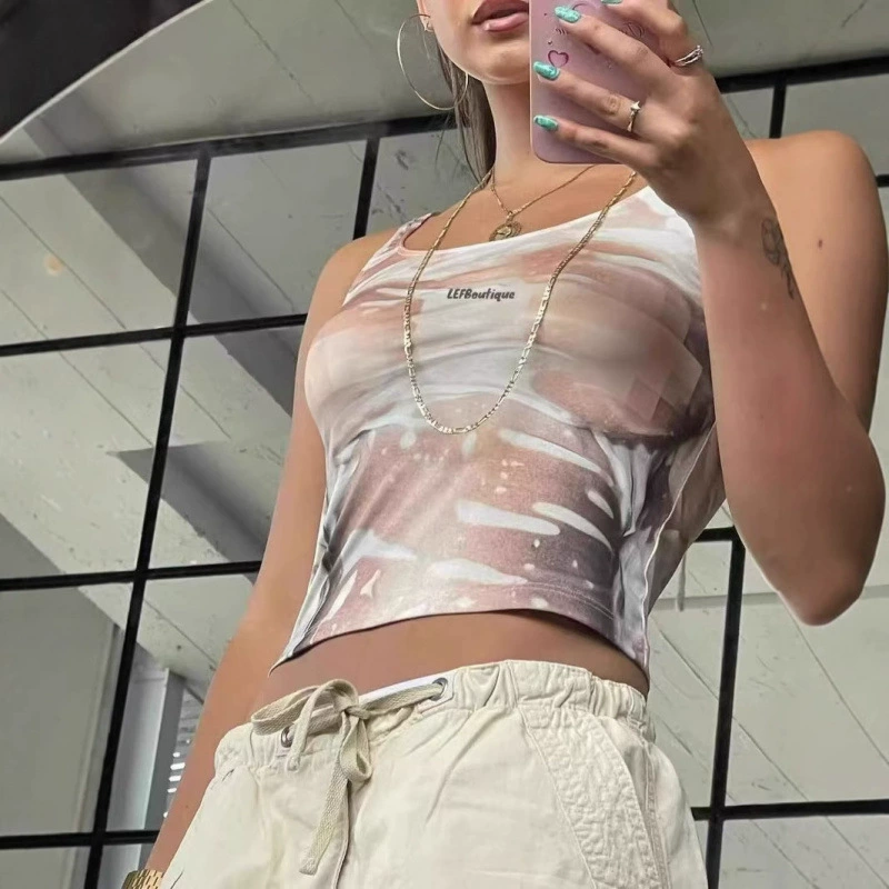 Джэйдед Лондон Pixel Wet Wet Triploid слегка прозрачная сетка Ink Printing Hot Girl Sling Vests Top Girl