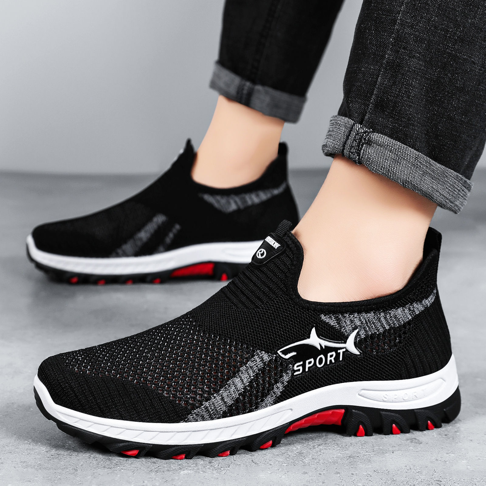 Comercio exterior de tela aérea de gran tamaño zapatos de hombre transfronterizos TEMU zapatos casuales de tiburón con suela suave zapatos deportivos de malla transpirables zapatos individuales