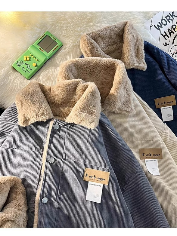 Etiqueta de pana moda hombre tendencia de invierno hombre solapa chaqueta acolchada de algodón suelta marca de moda japonesa chaqueta de pareja chaqueta